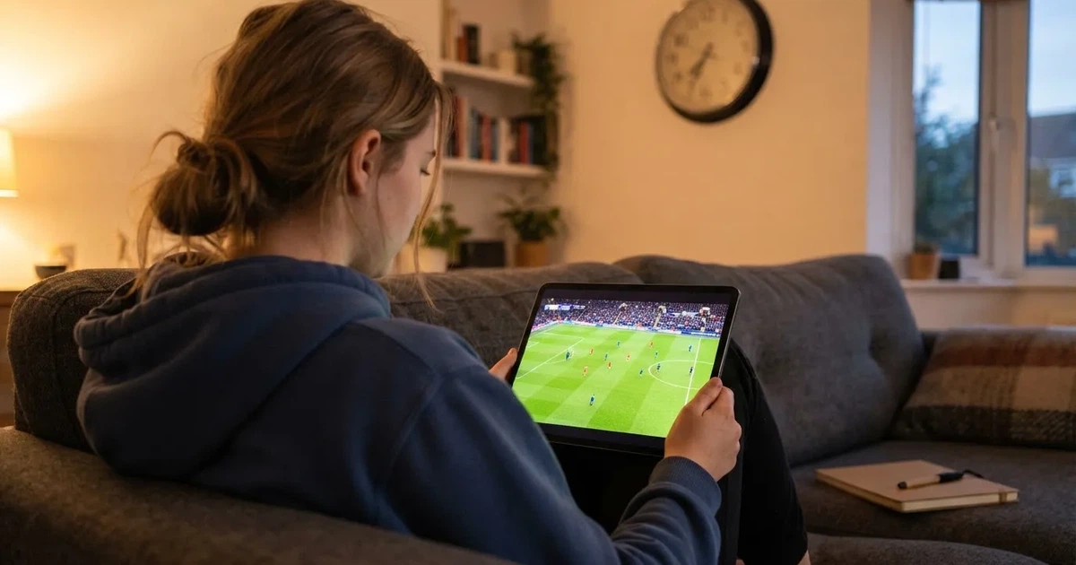 A person on a sofa looking thoughtfully at a tablet, a wall clock in the background