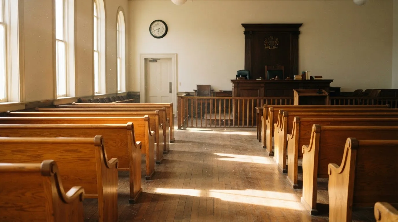 An empty courtroom with wooden benches in morning light