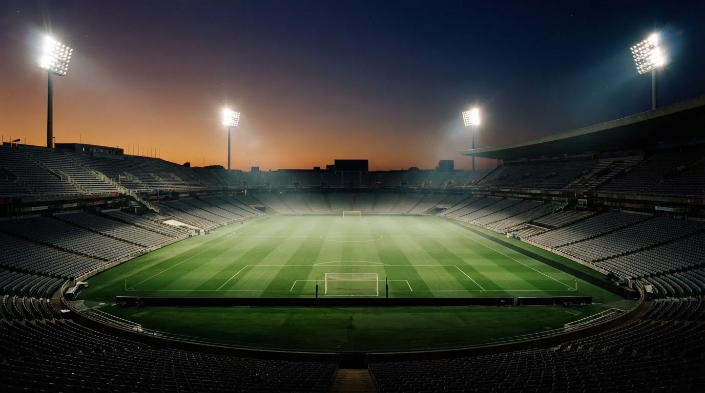 An empty football stadium with floodlight masts at dusk