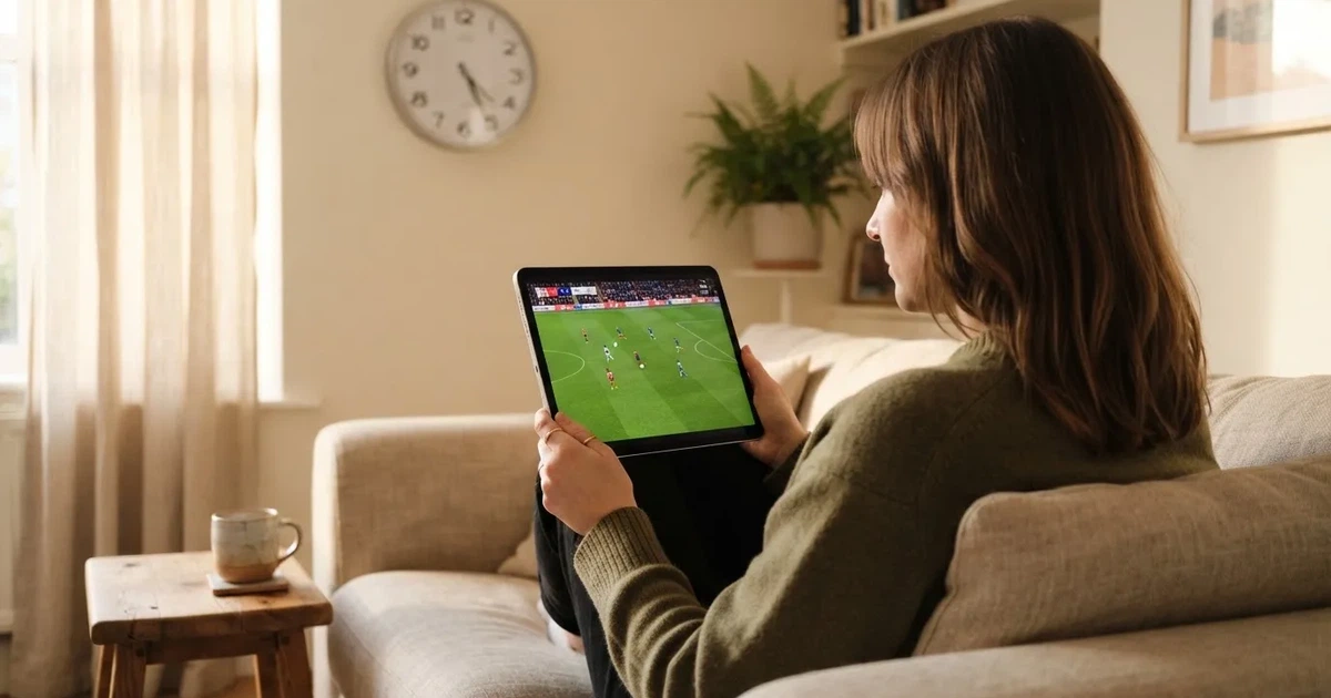 A person on a sofa looking thoughtfully at a tablet, a wall clock in the background