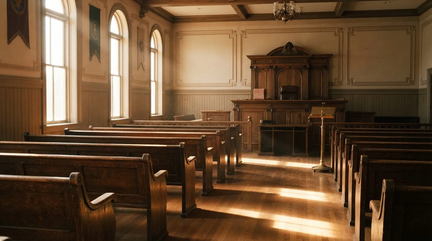 An empty courtroom with wooden benches in morning light