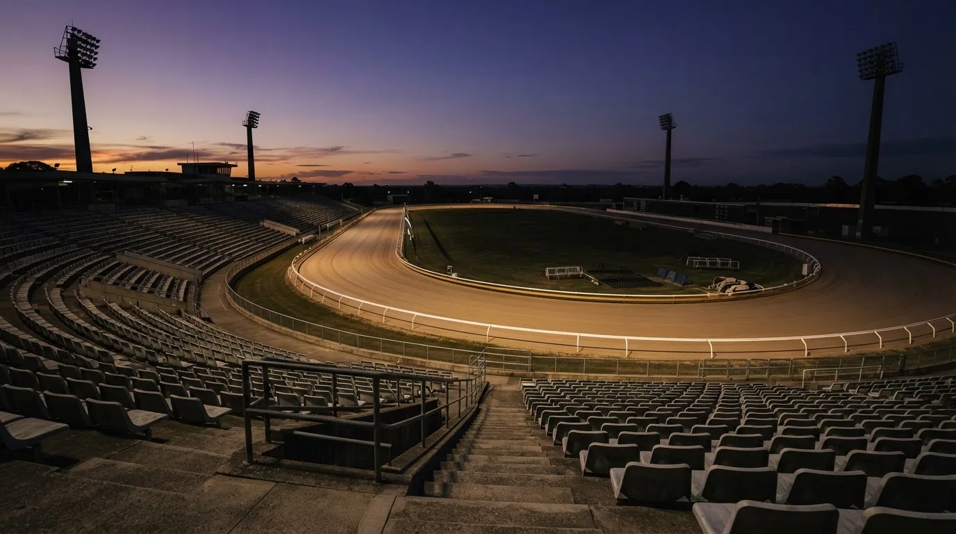 An empty football stadium with floodlight masts at dusk