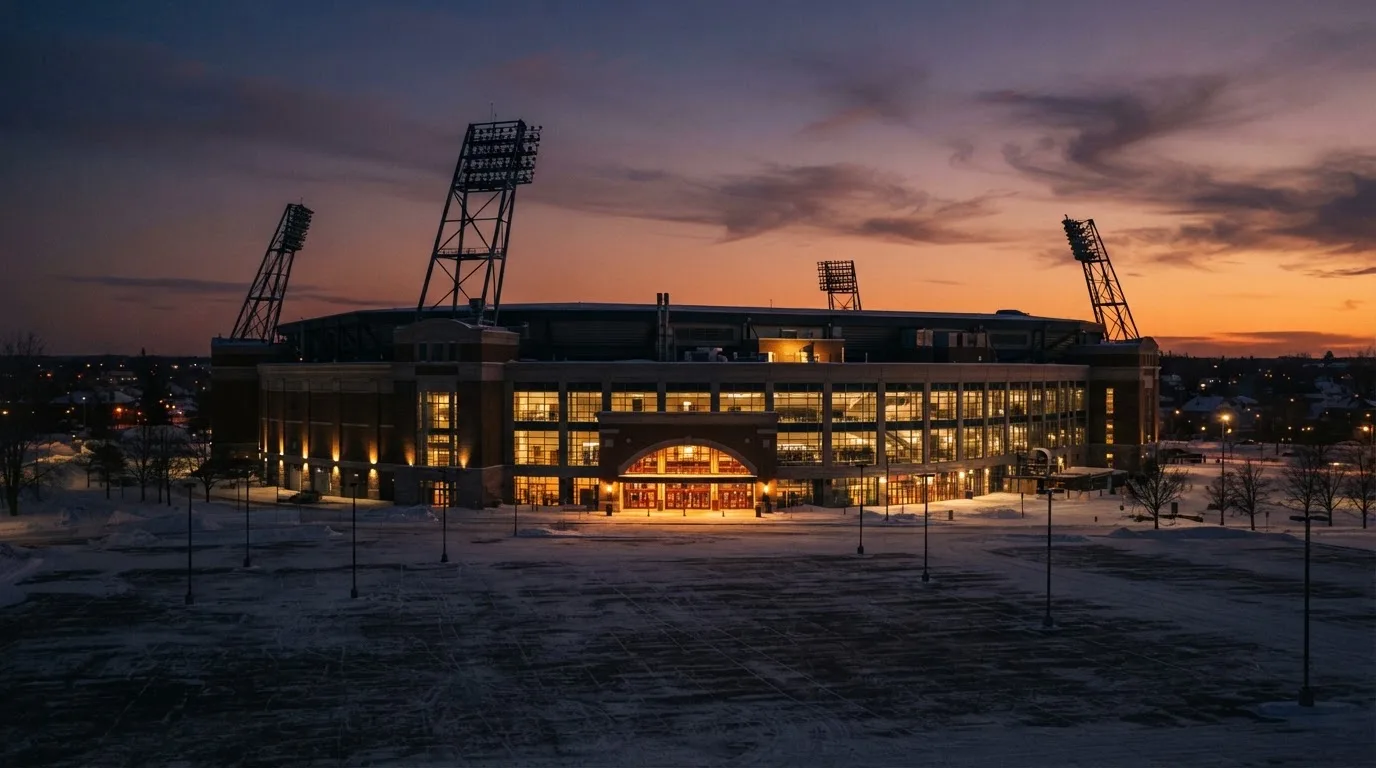 An empty football stadium with floodlight masts at dusk