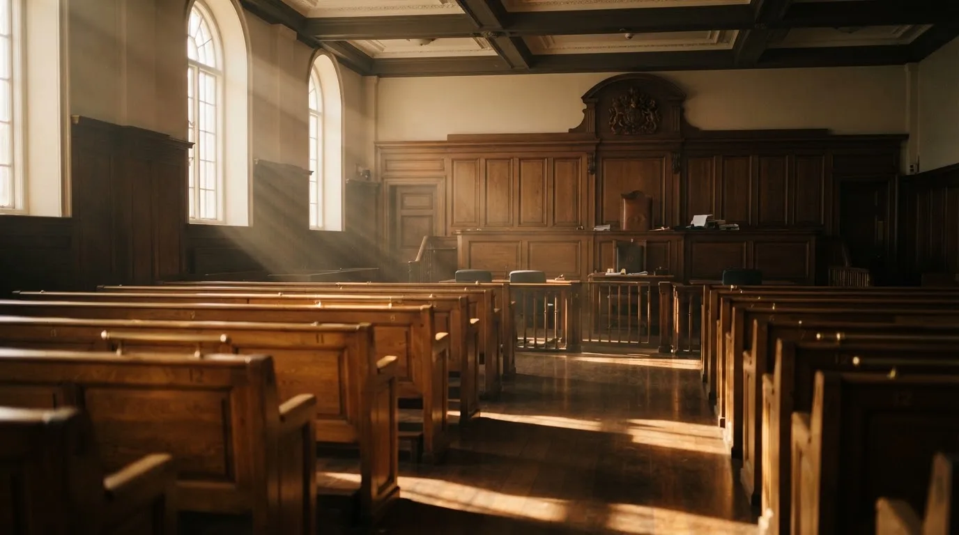 An empty courtroom with wooden benches in morning light