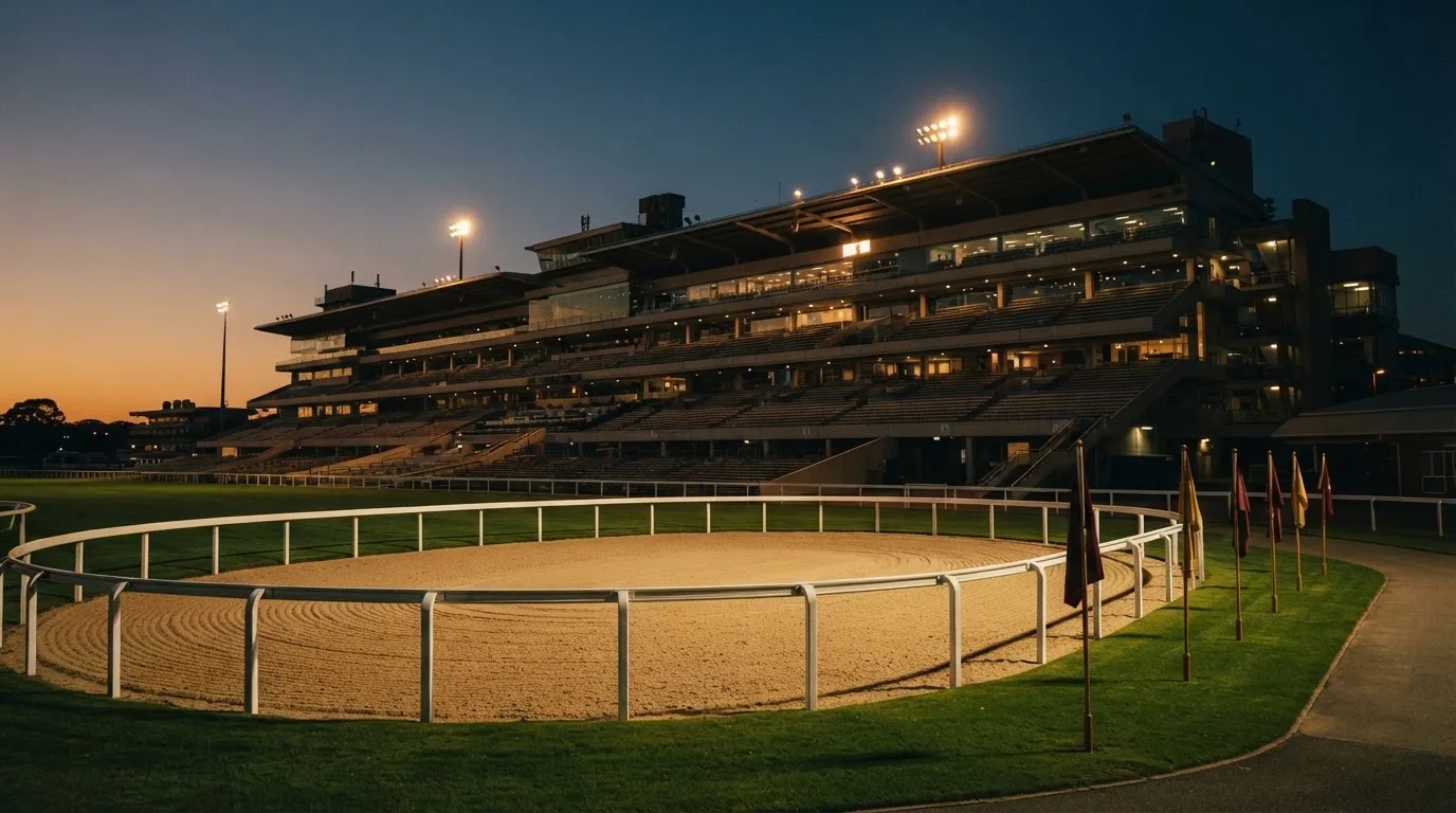 An empty football stadium with floodlight masts at dusk
