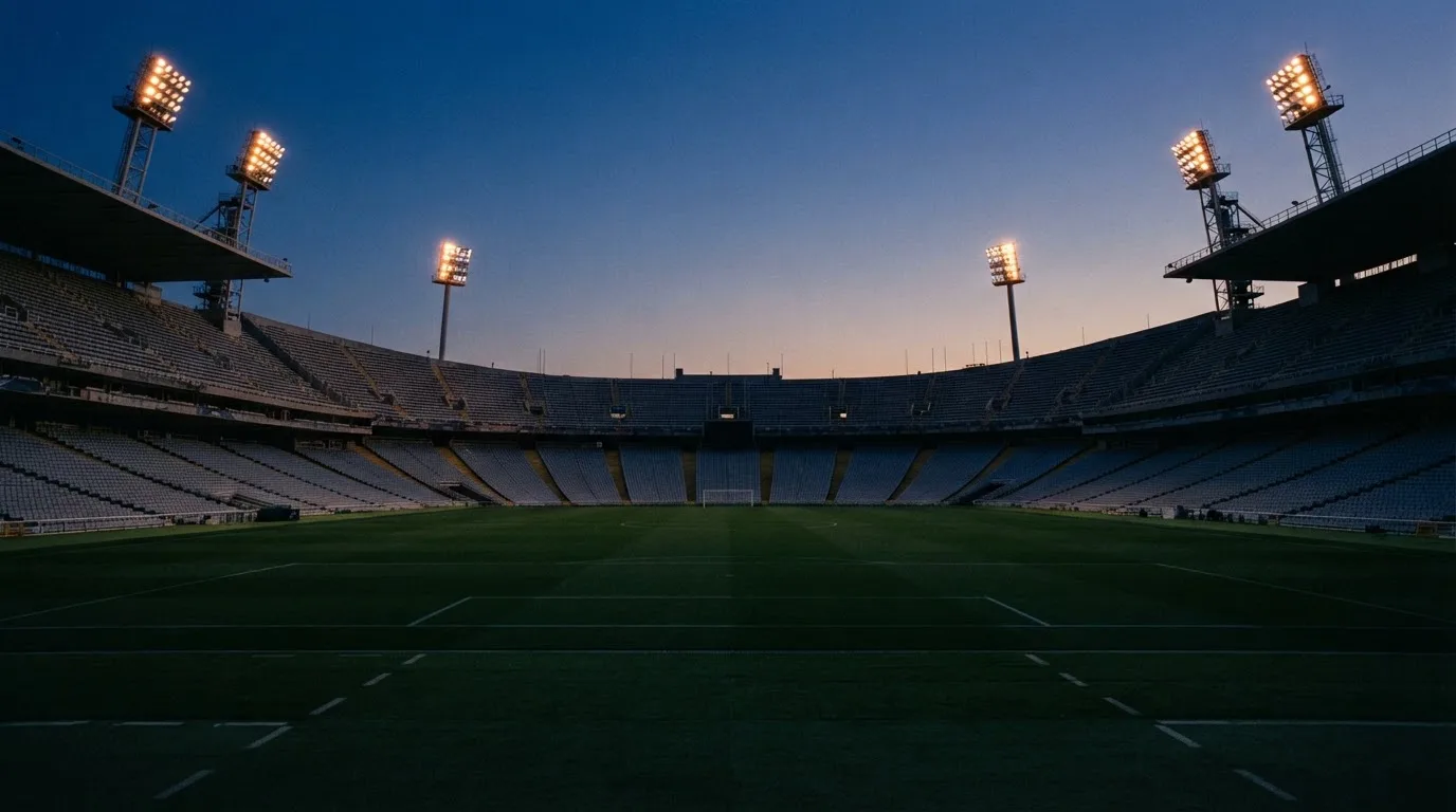 An empty football stadium with floodlight masts at dusk
