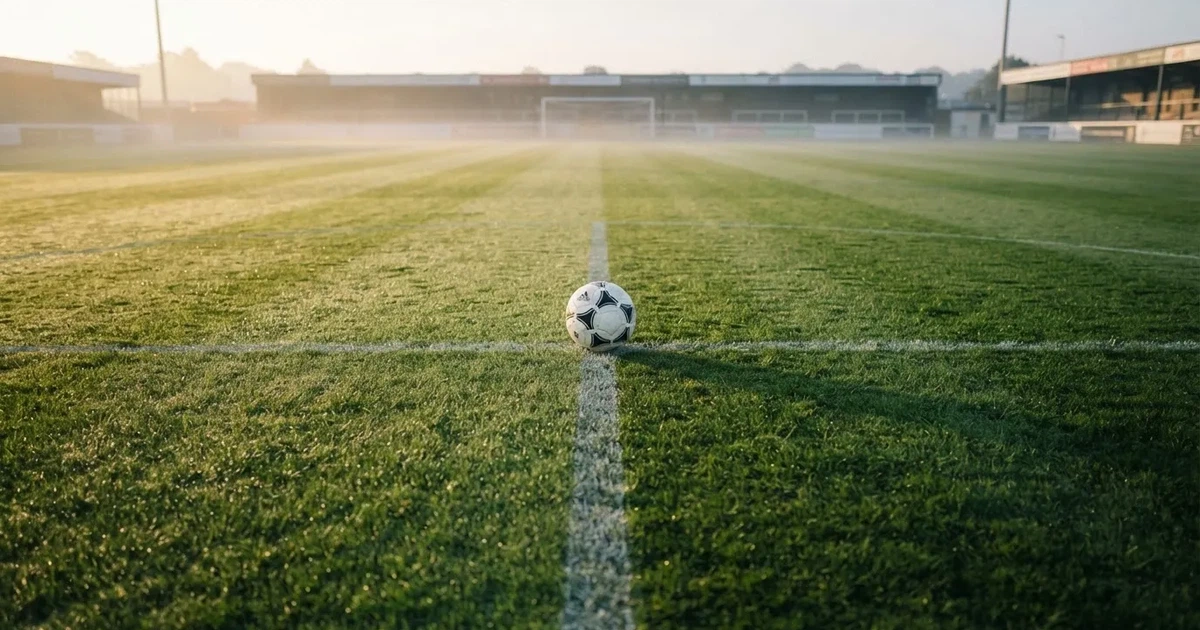 A ball on the centre spot of a grass pitch in morning light