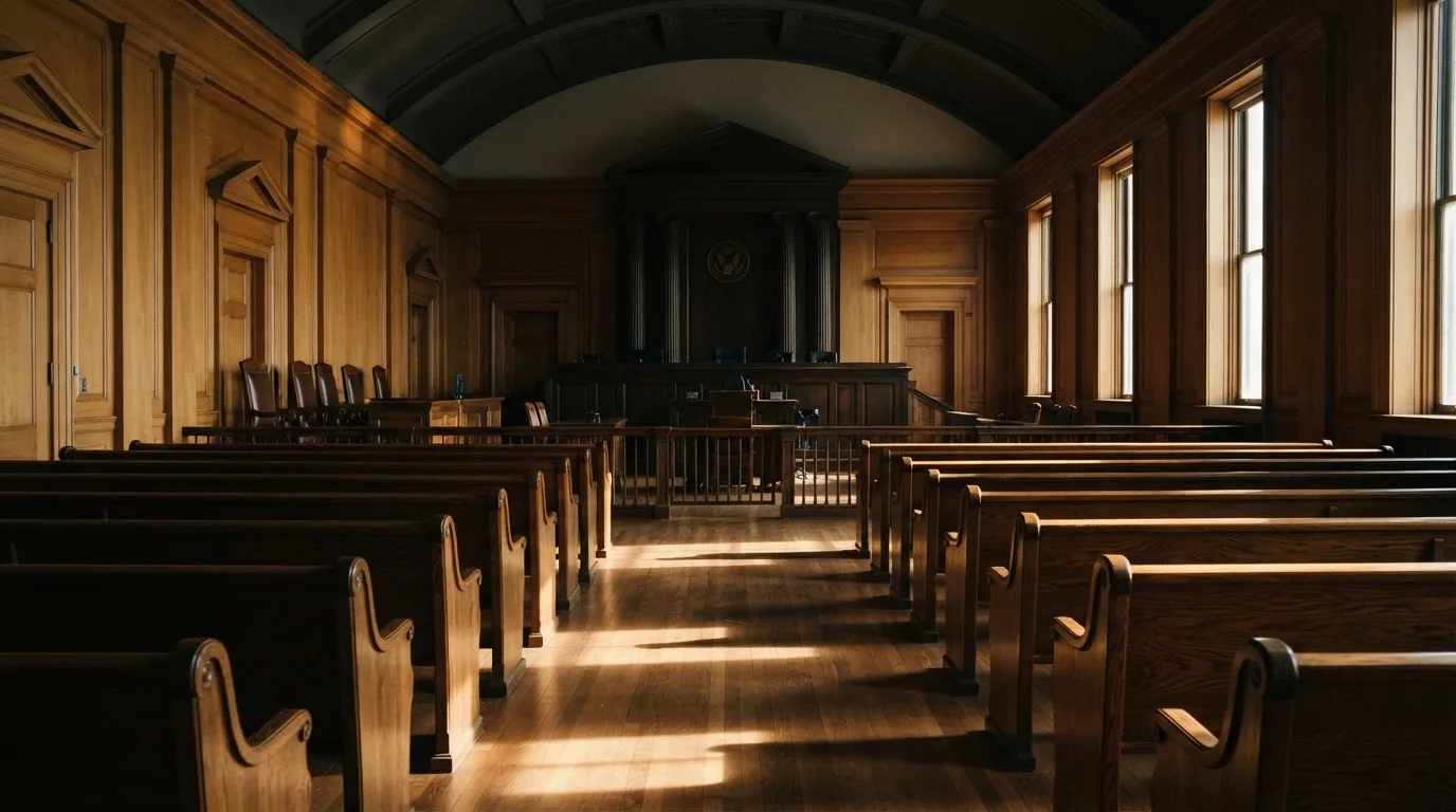 An empty courtroom with wooden benches in morning light
