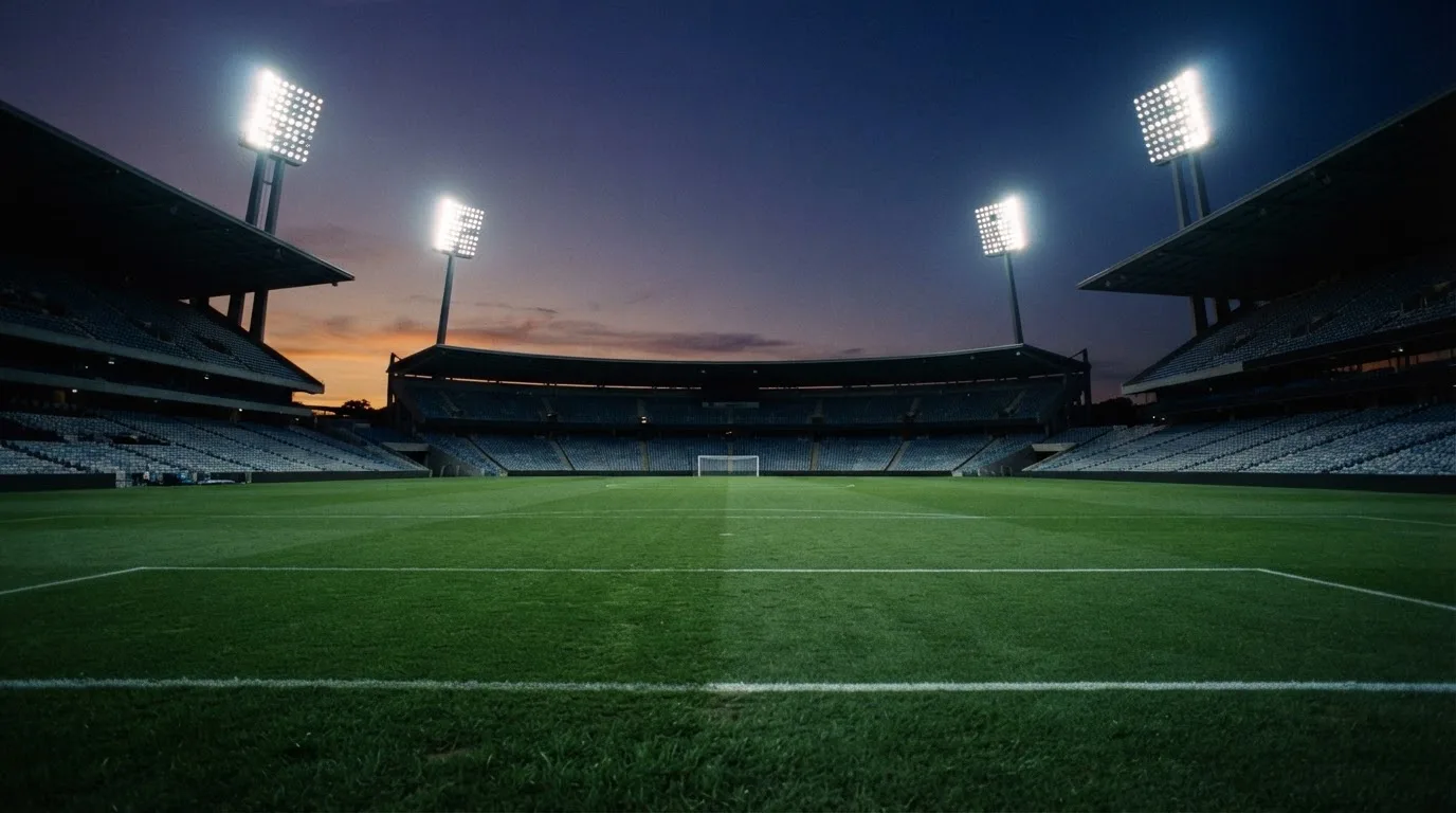 An empty football stadium with floodlight masts at dusk