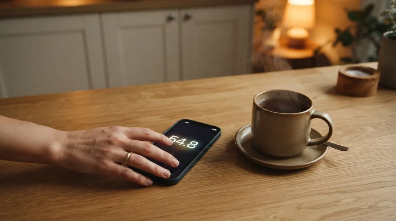 A hand setting a smartphone down beside a cup of tea on a kitchen table on a quiet evening