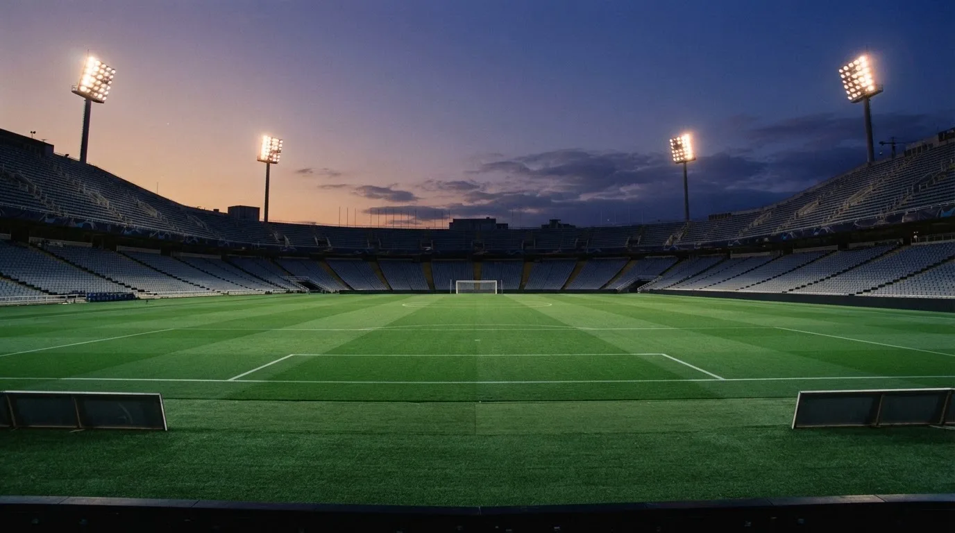 An empty football stadium with floodlight masts at dusk