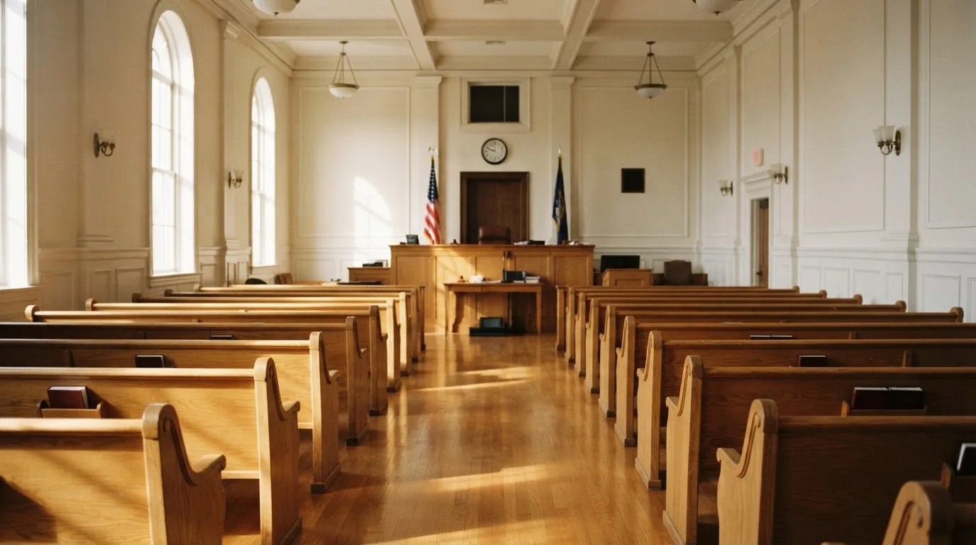 An empty courtroom with wooden benches in morning light