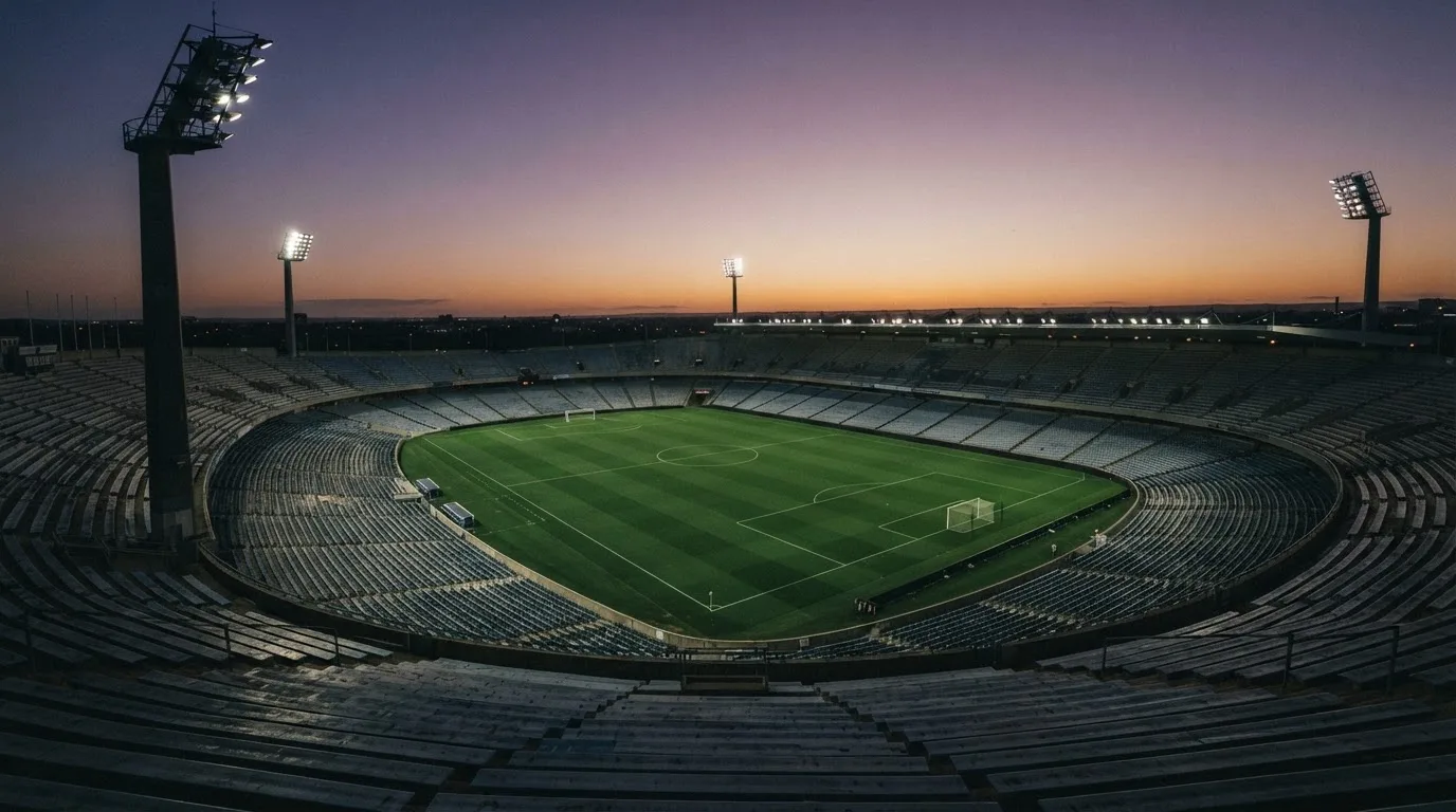 An empty football stadium with floodlight masts at dusk