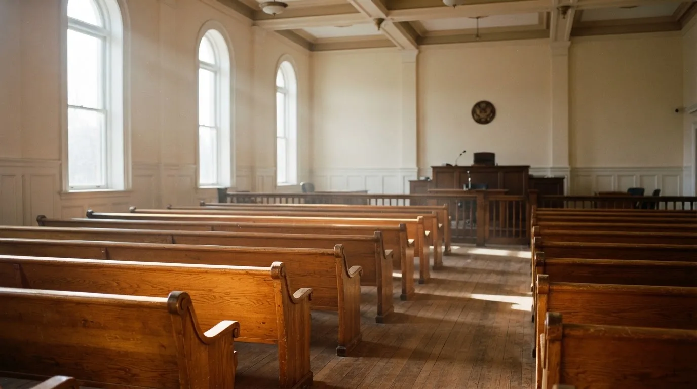 An empty courtroom with wooden benches in morning light