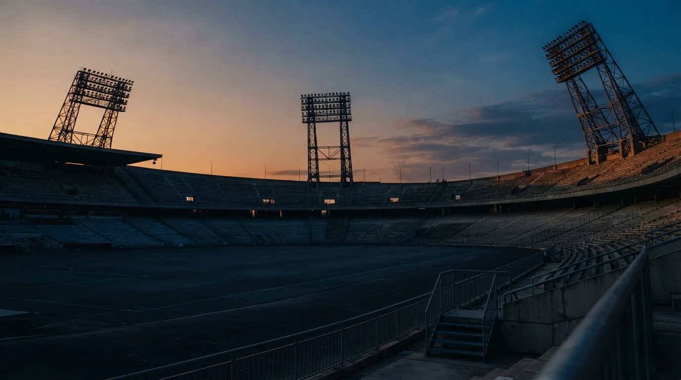 An empty football stadium with floodlight masts at dusk