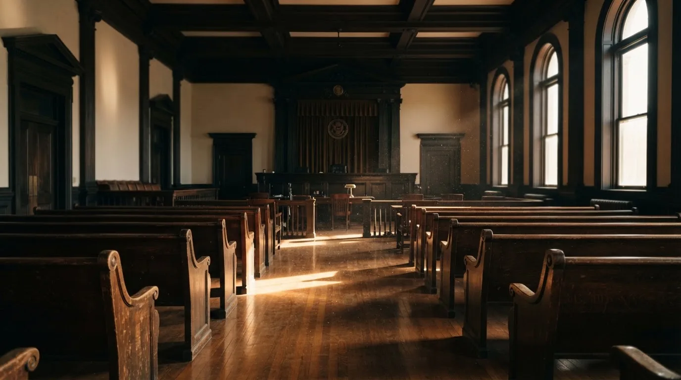 An empty courtroom with wooden benches in morning light