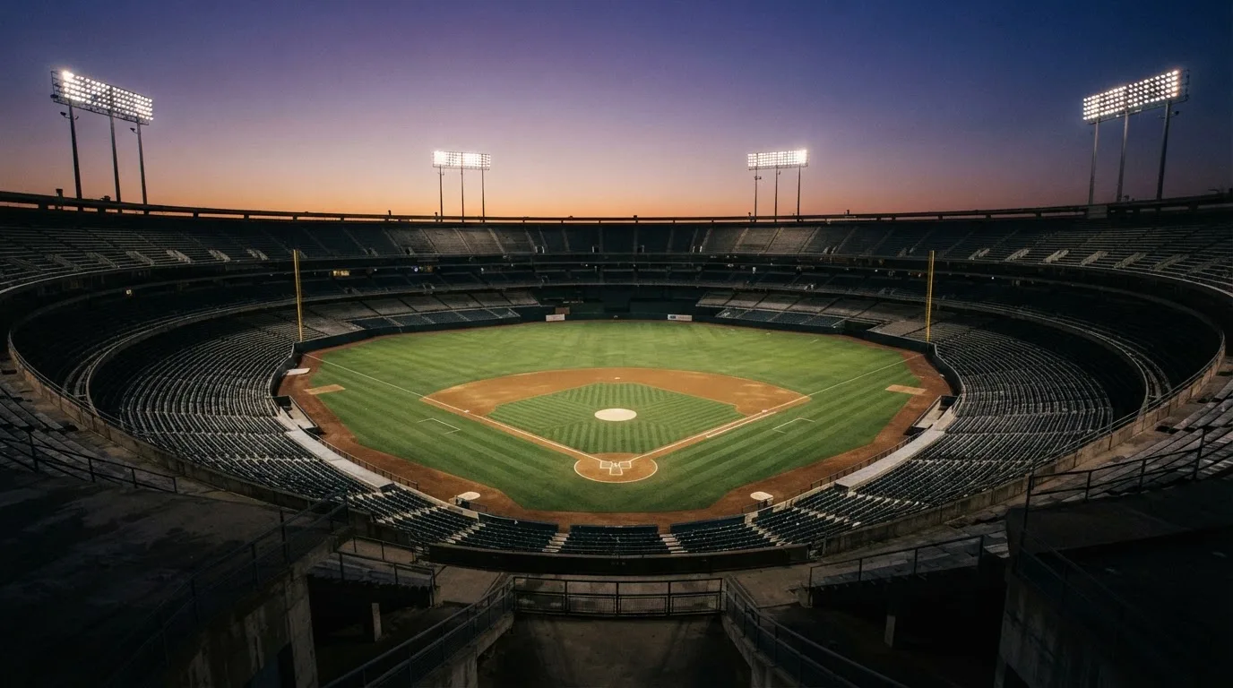 An empty football stadium with floodlight masts at dusk