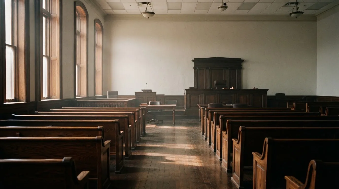 An empty courtroom with wooden benches in morning light