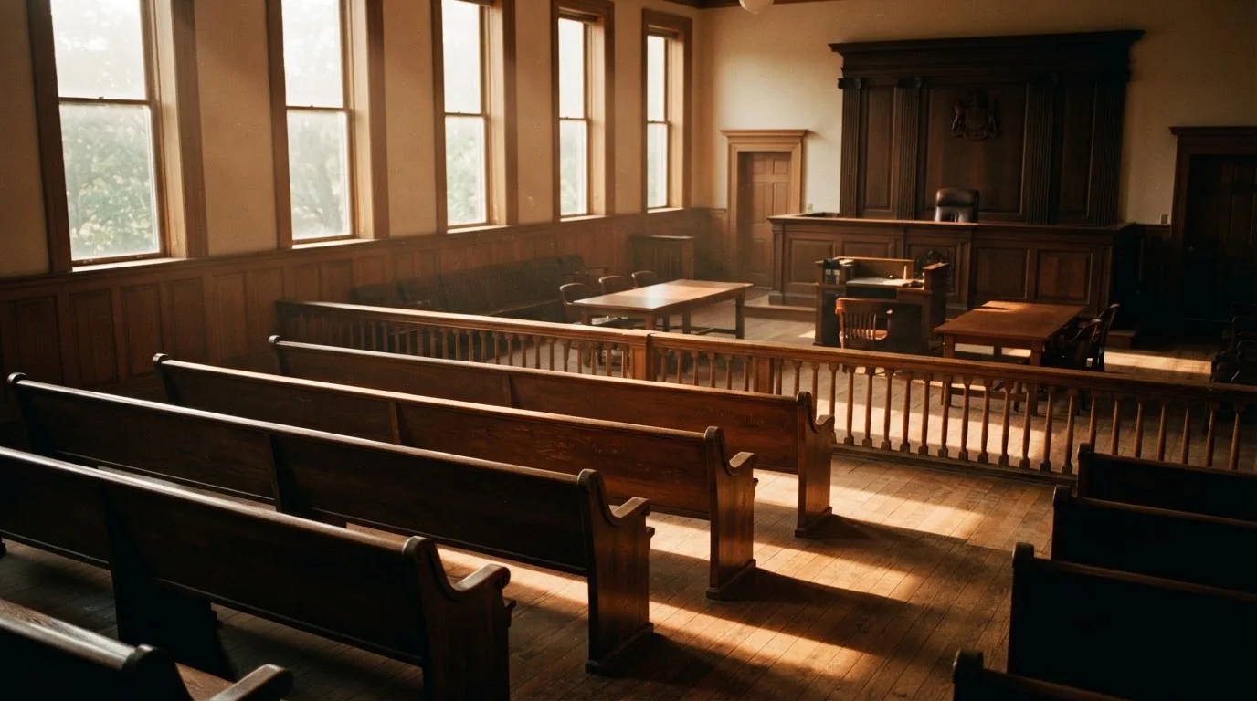 An empty courtroom with wooden benches in morning light