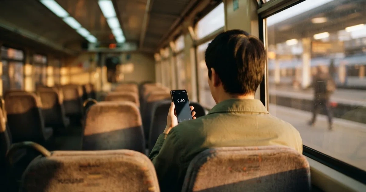 A hand holding a smartphone on a train in the evening, screen turned away