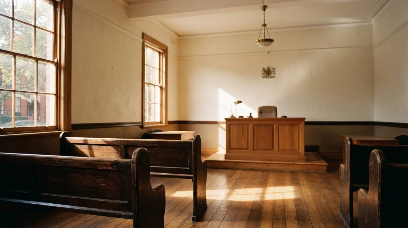 An empty courtroom with wooden benches in morning light