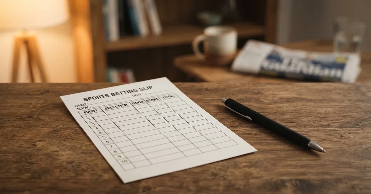 A blank paper betting slip beside a pen on a wooden counter
