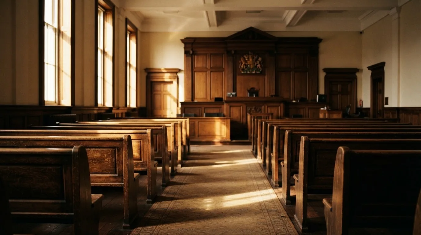 An empty courtroom with wooden benches in morning light