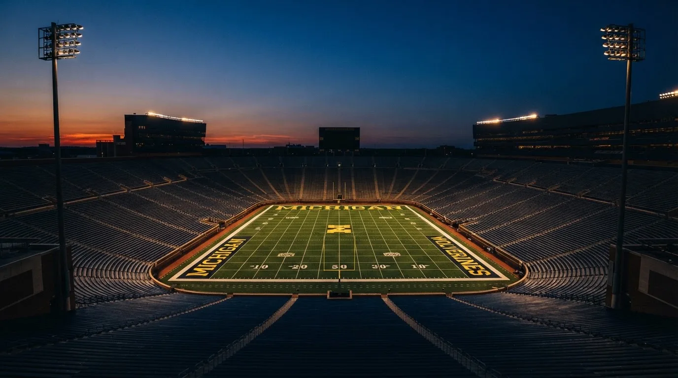 An empty football stadium with floodlight masts at dusk