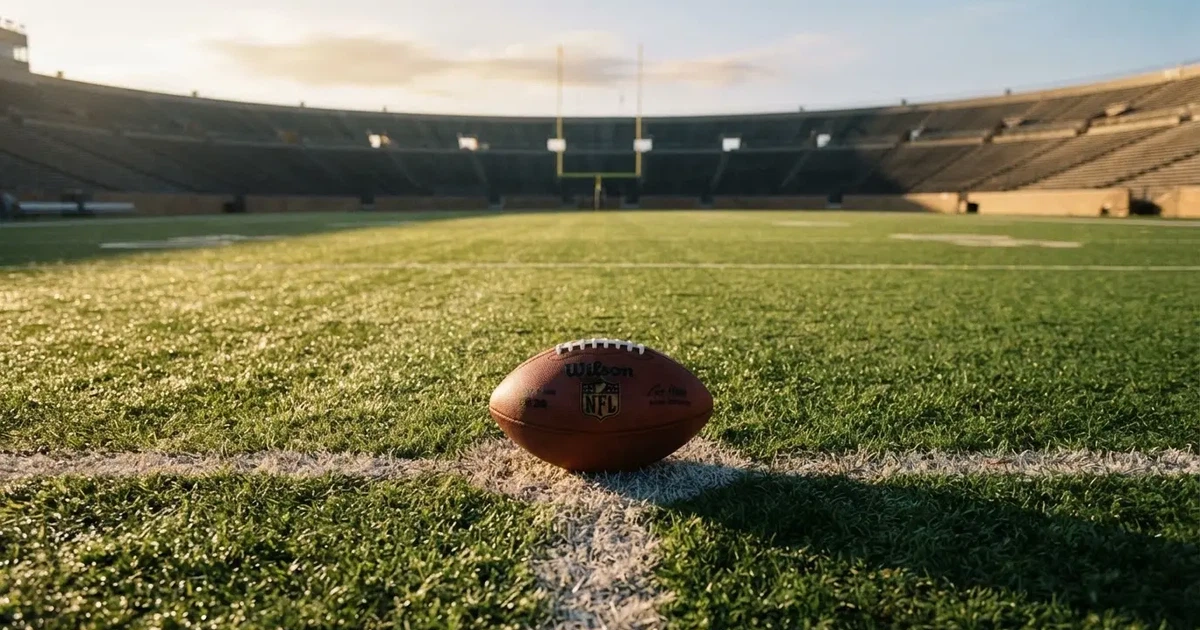 A ball on the centre spot of a grass pitch in morning light