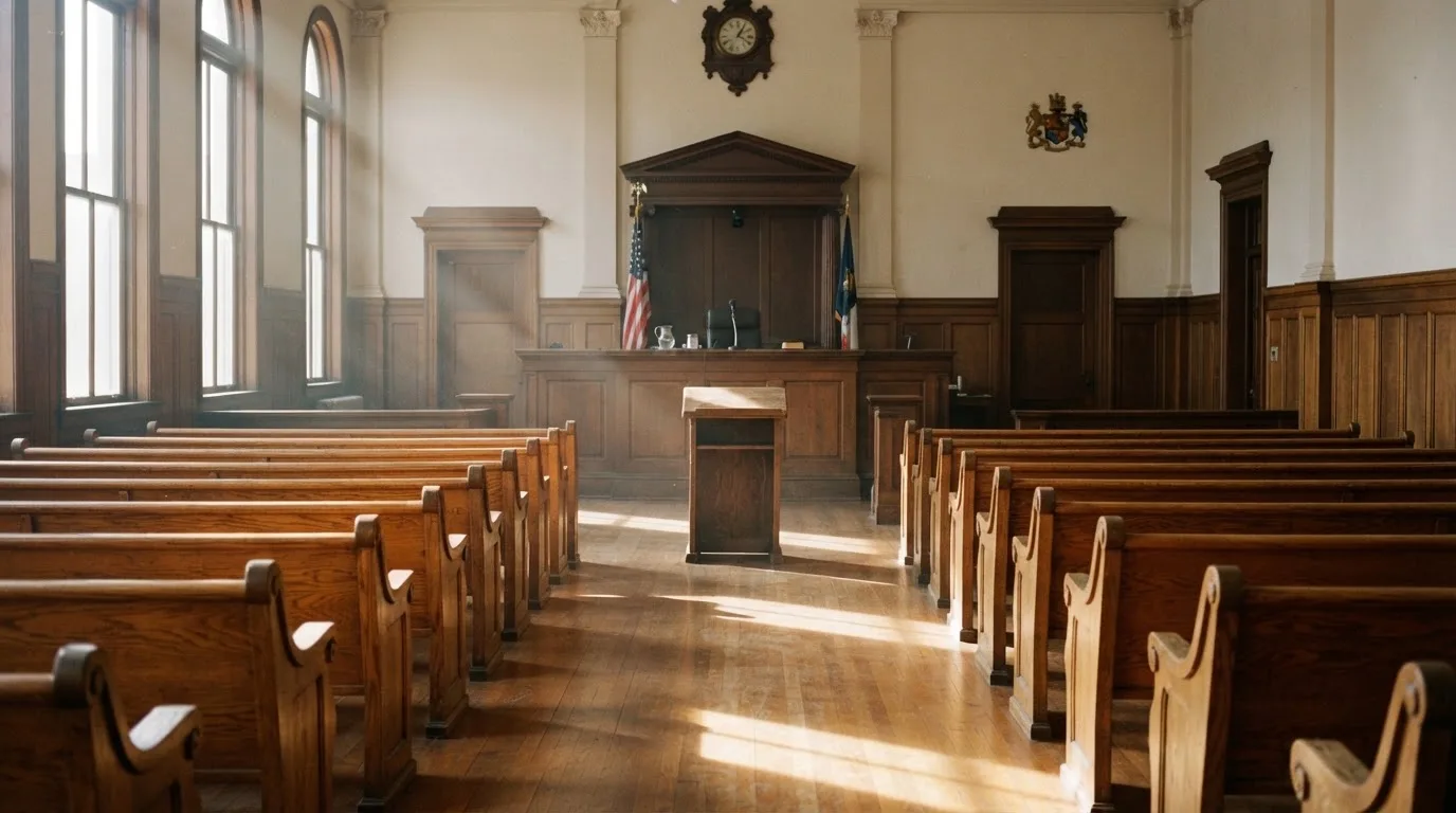 An empty courtroom with wooden benches in morning light