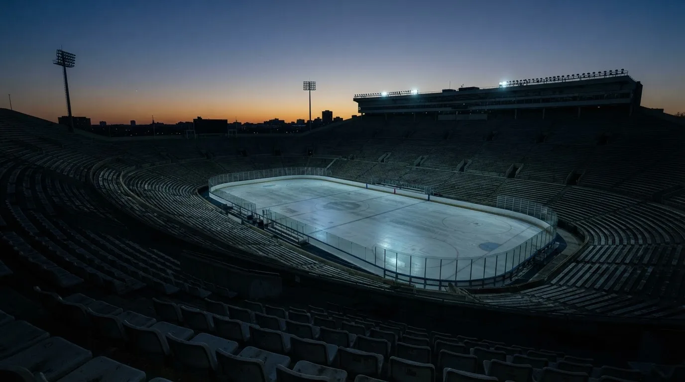 An empty football stadium with floodlight masts at dusk