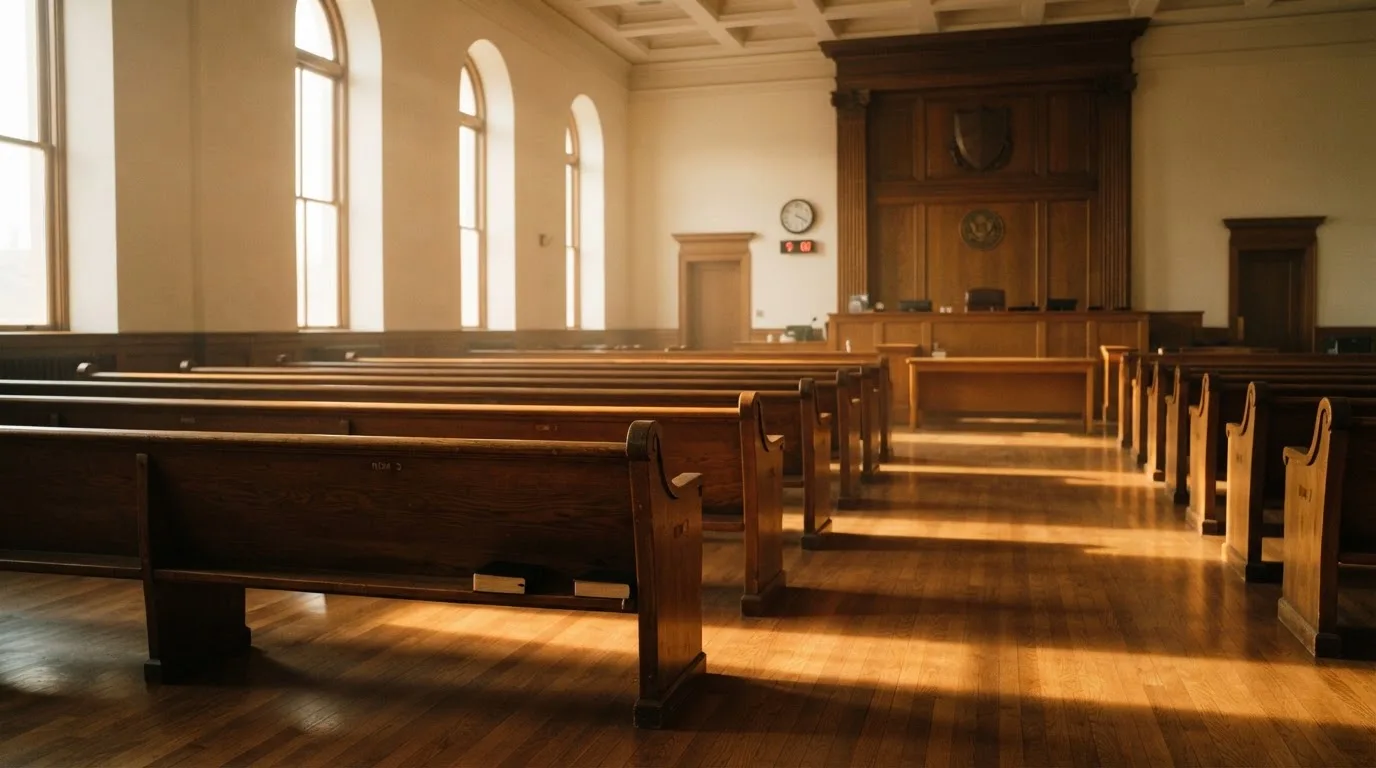 An empty courtroom with wooden benches in morning light