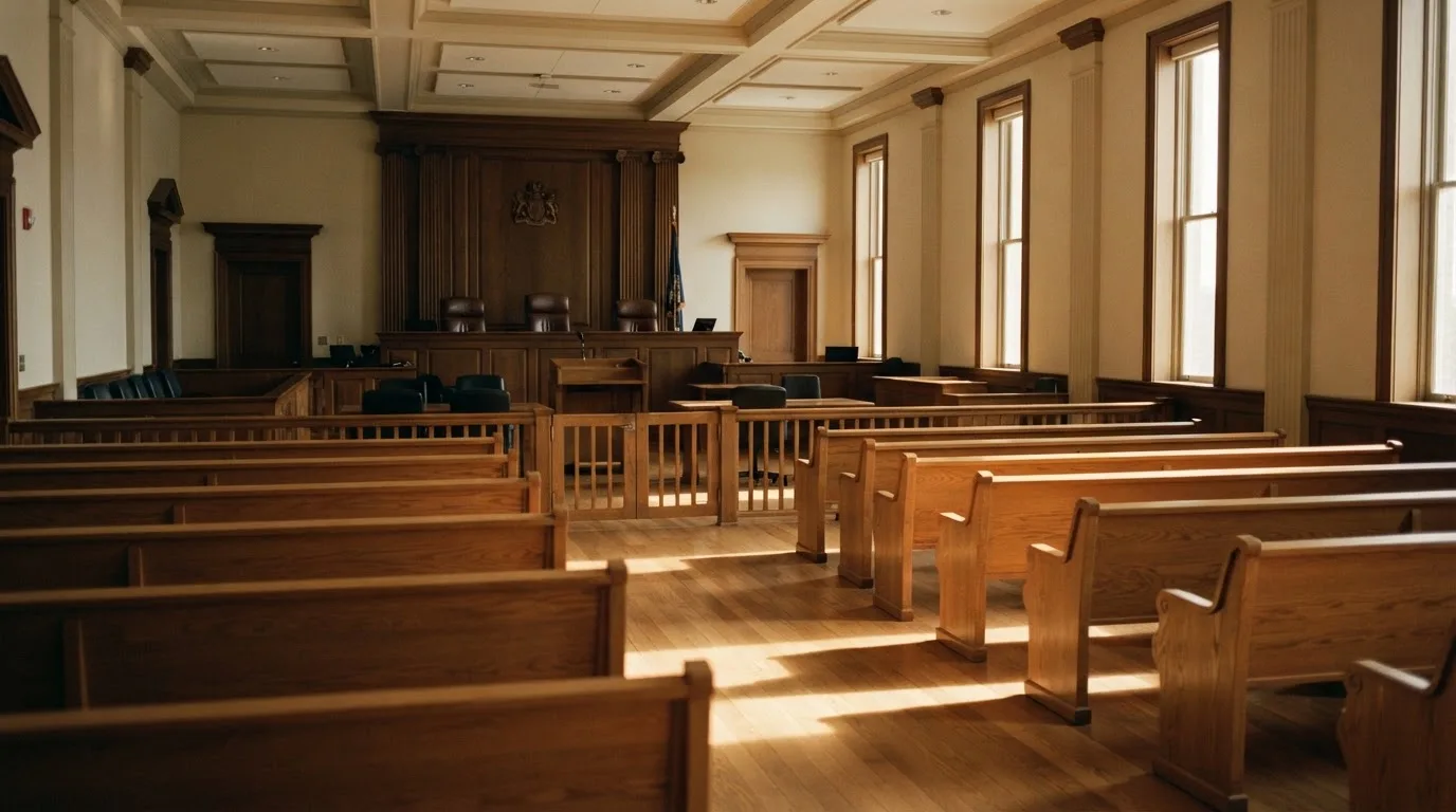 An empty courtroom with wooden benches in morning light
