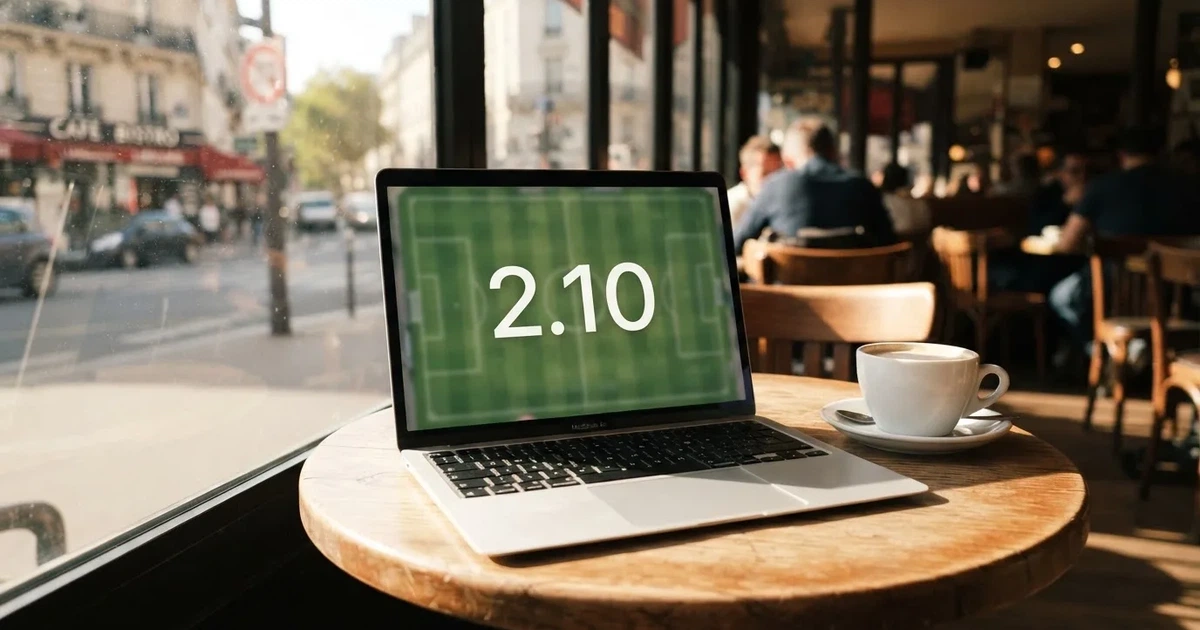 A laptop on a café table by a window onto the street