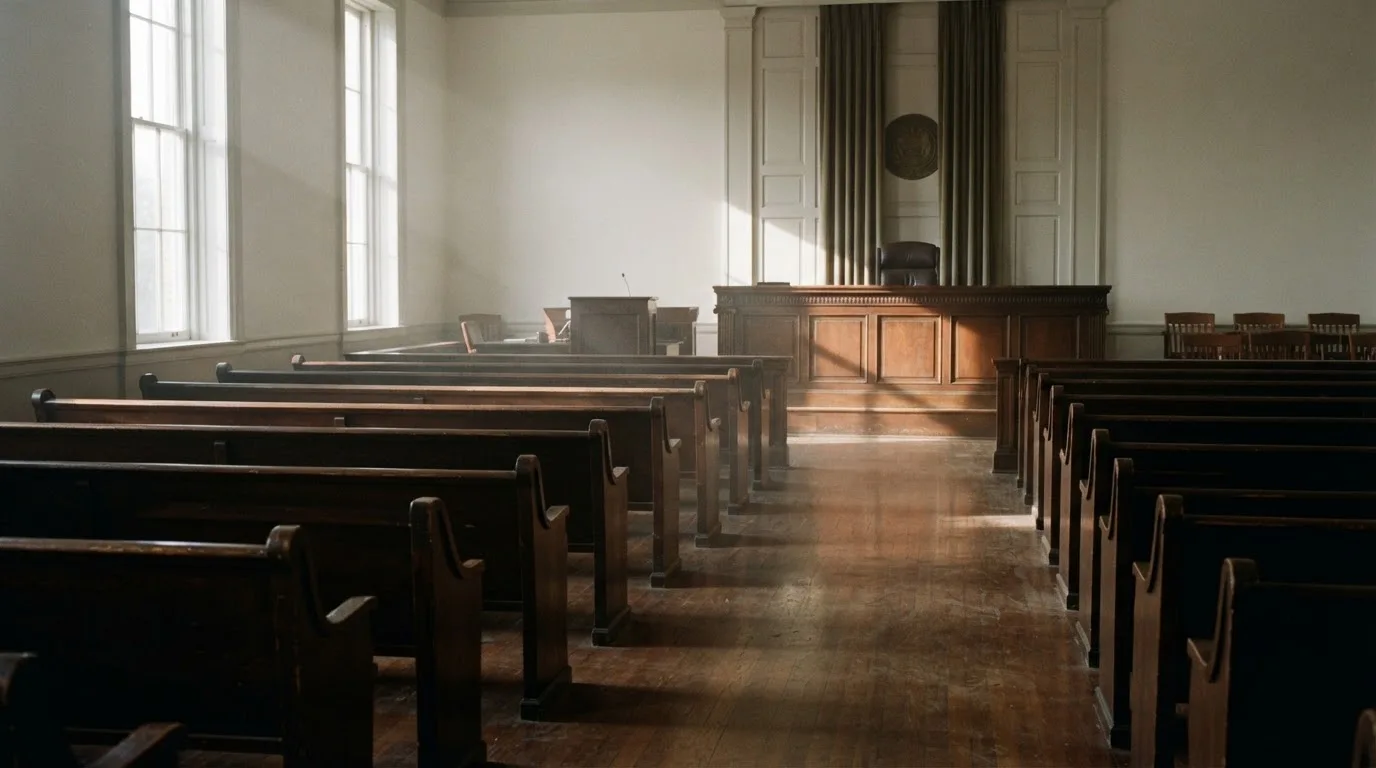 An empty courtroom with wooden benches in morning light