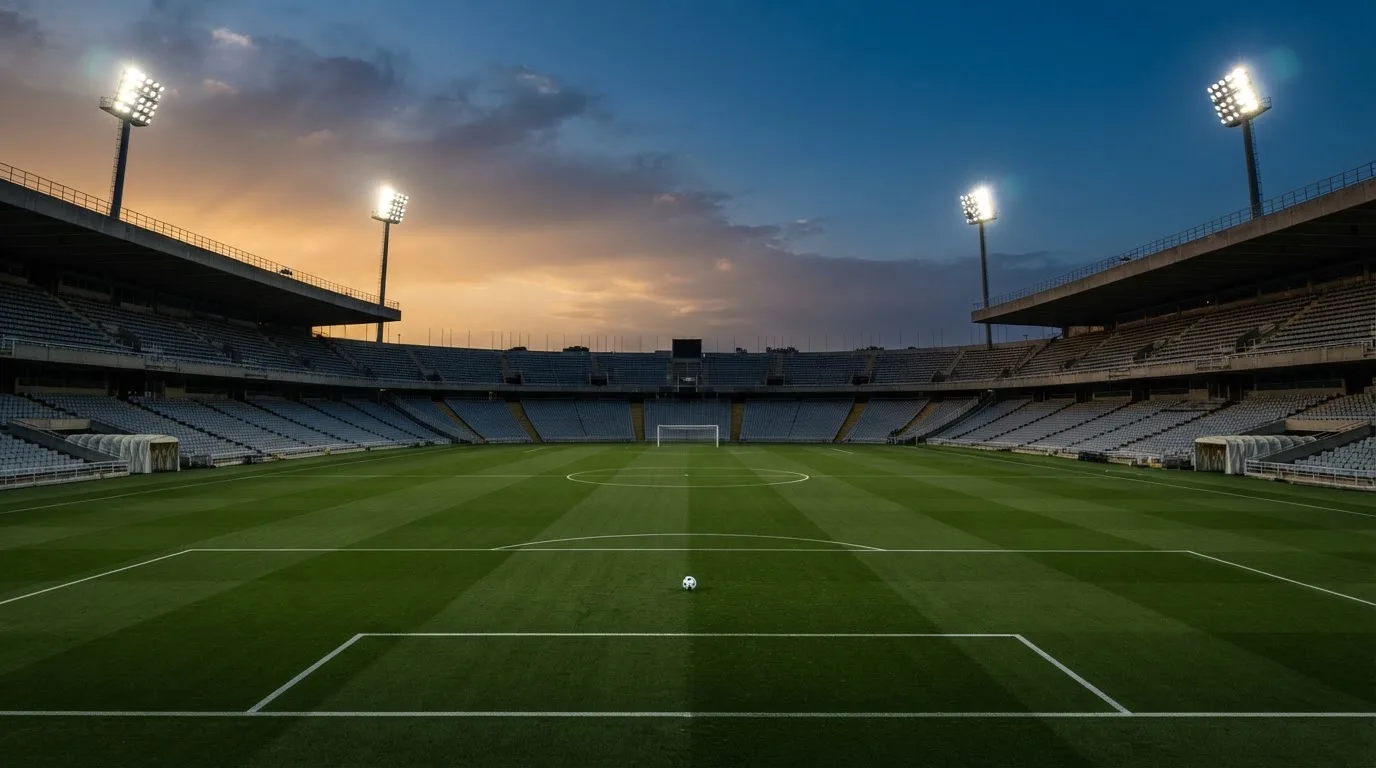 An empty football stadium with floodlight masts at dusk