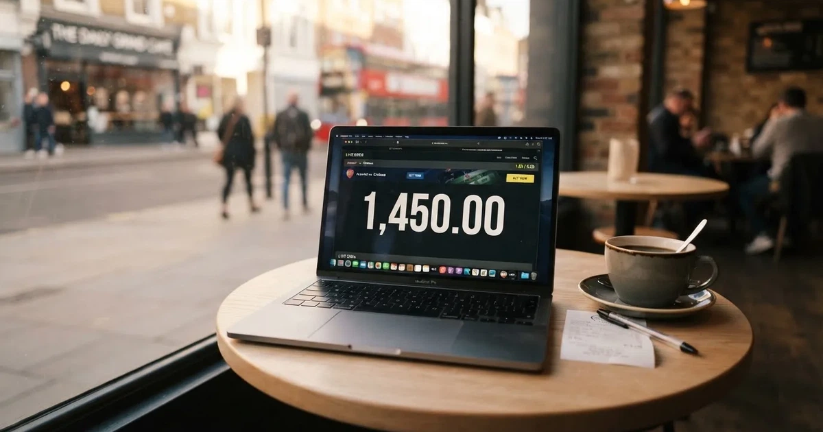 A laptop on a café table by a window onto the street