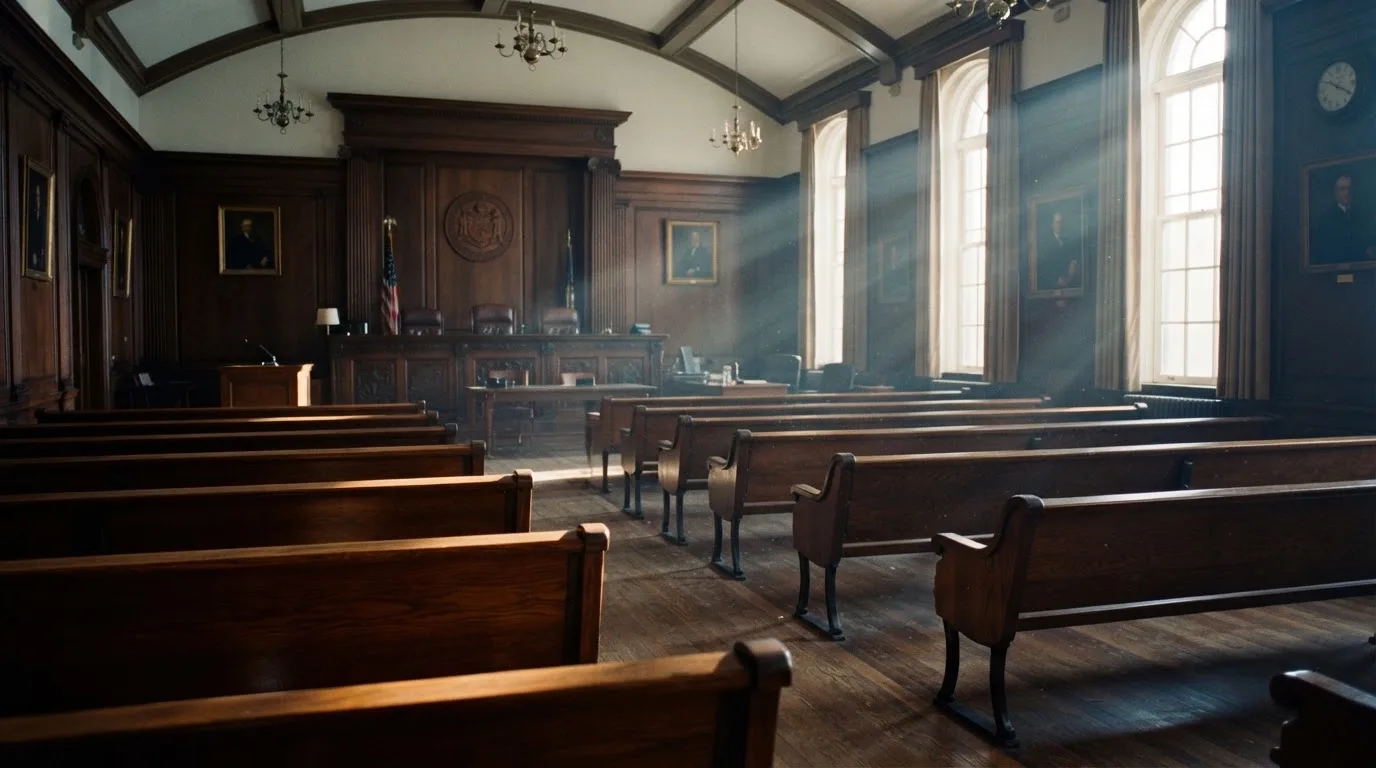An empty courtroom with wooden benches in morning light