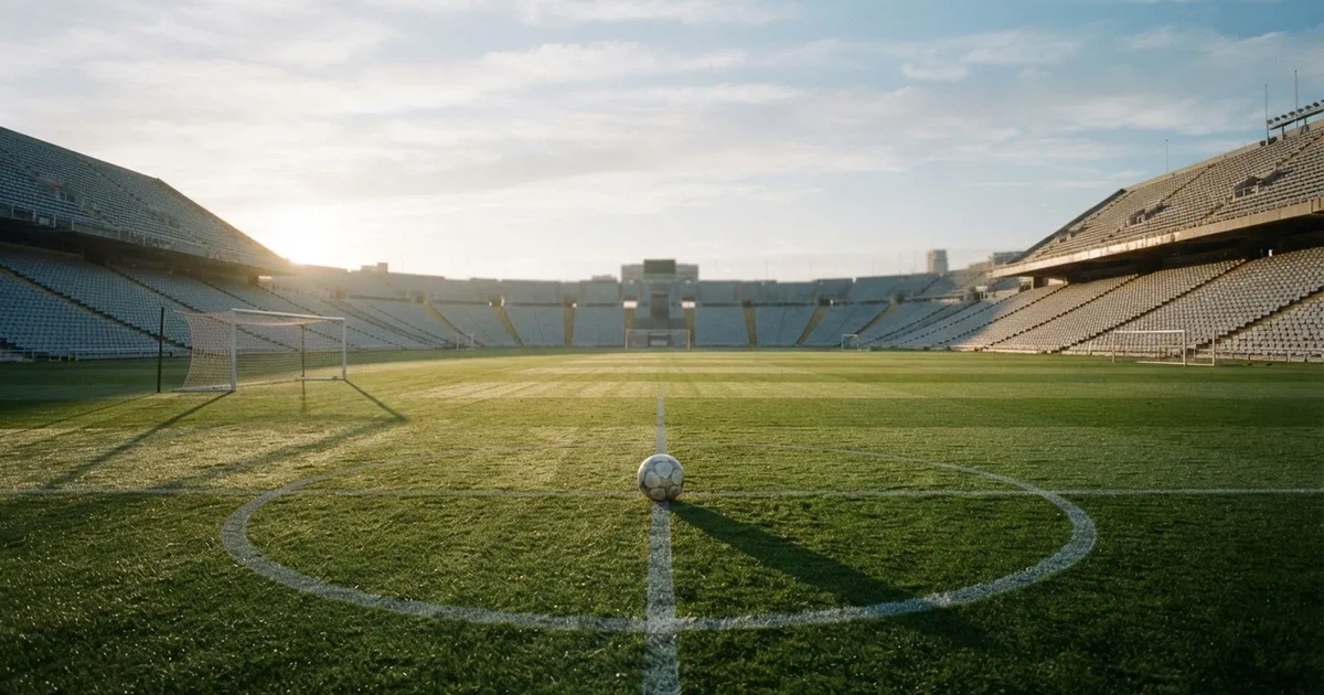 A ball on the centre spot of a grass pitch in morning light