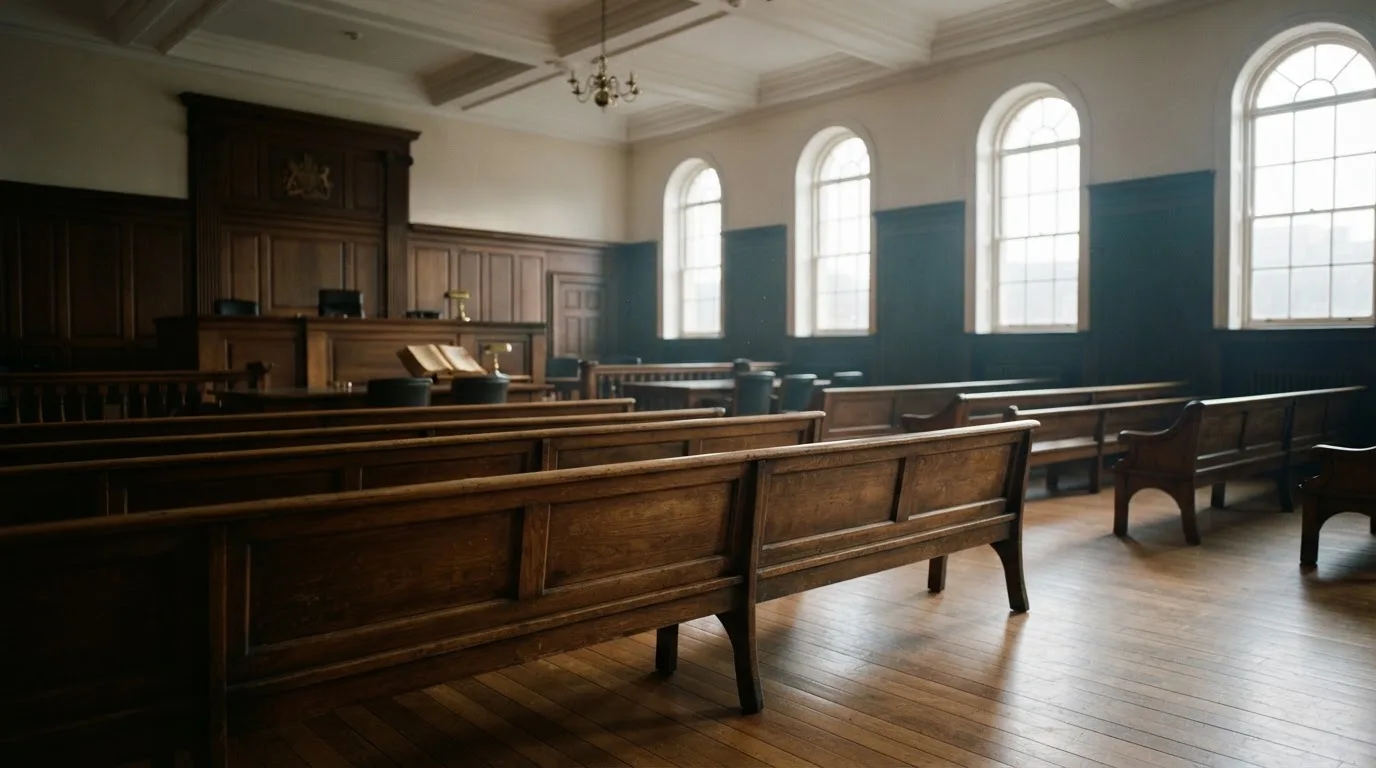 An empty courtroom with wooden benches in morning light