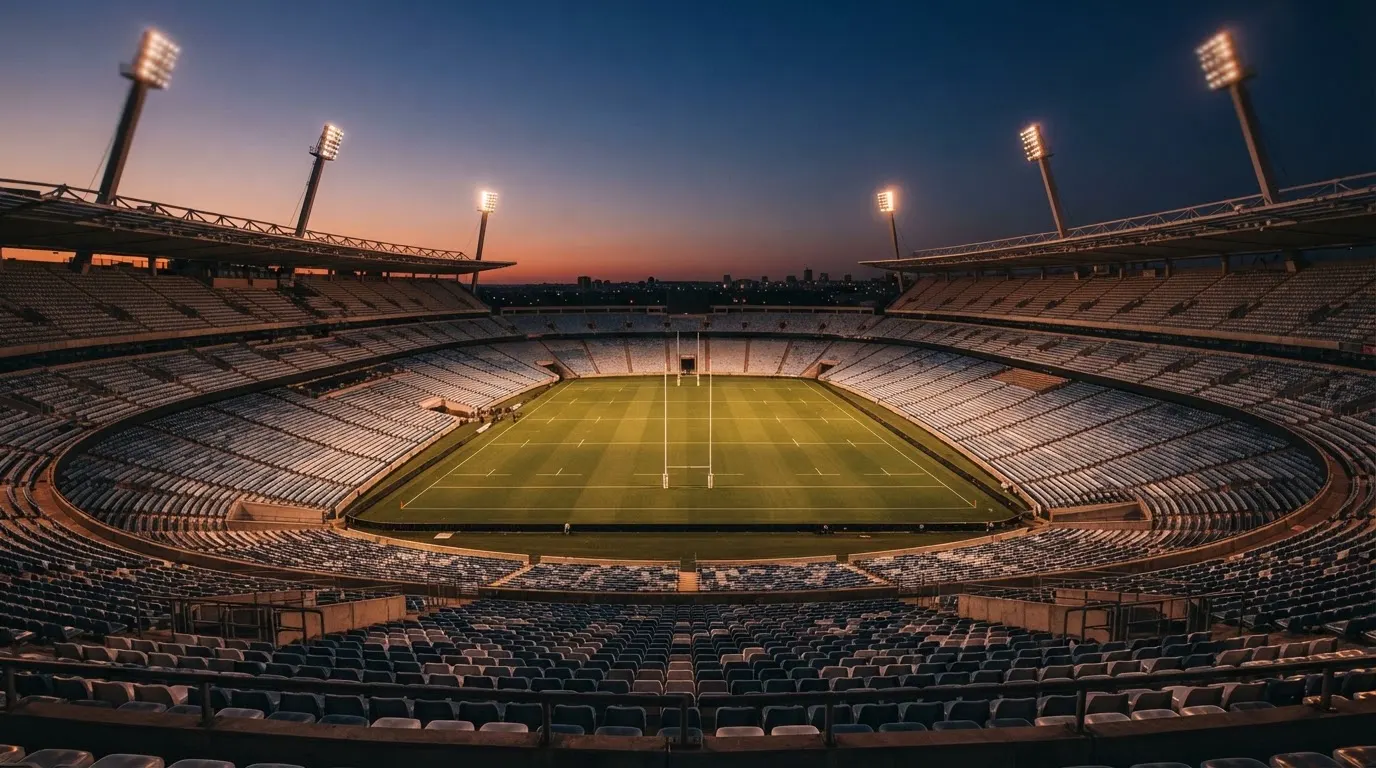 An empty football stadium with floodlight masts at dusk