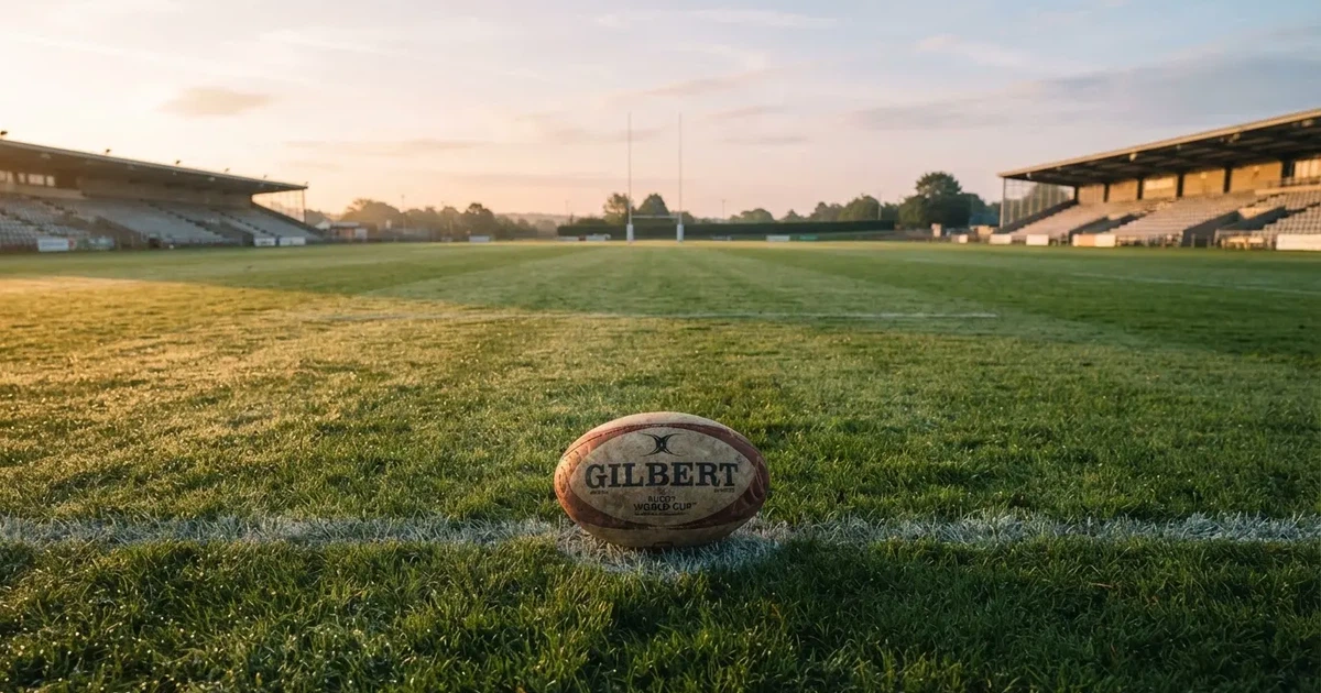 A ball on the centre spot of a grass pitch in morning light