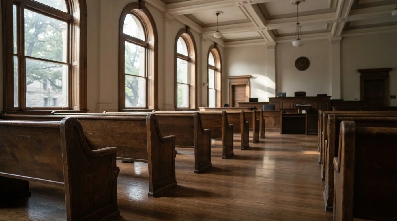 An empty courtroom with wooden benches in morning light