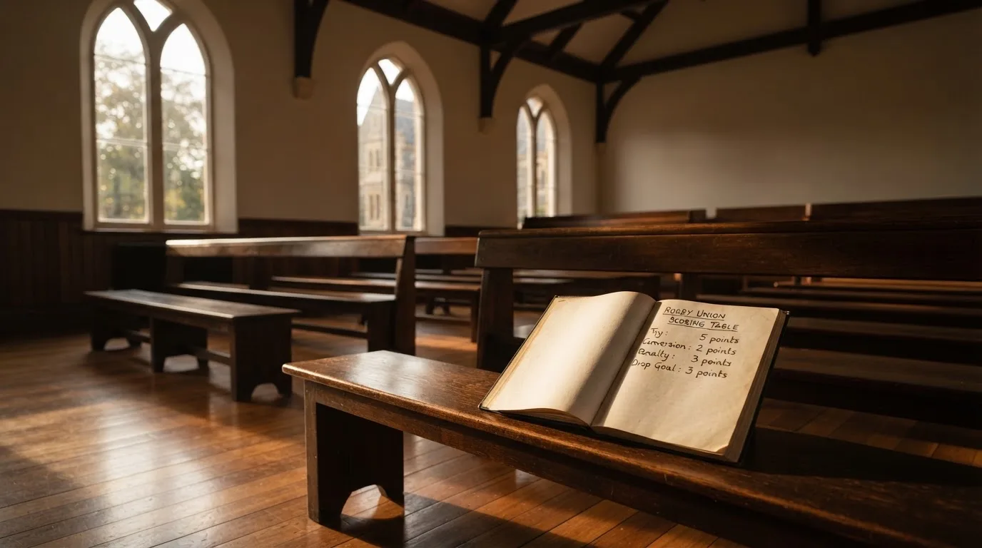 An empty courtroom with wooden benches in morning light