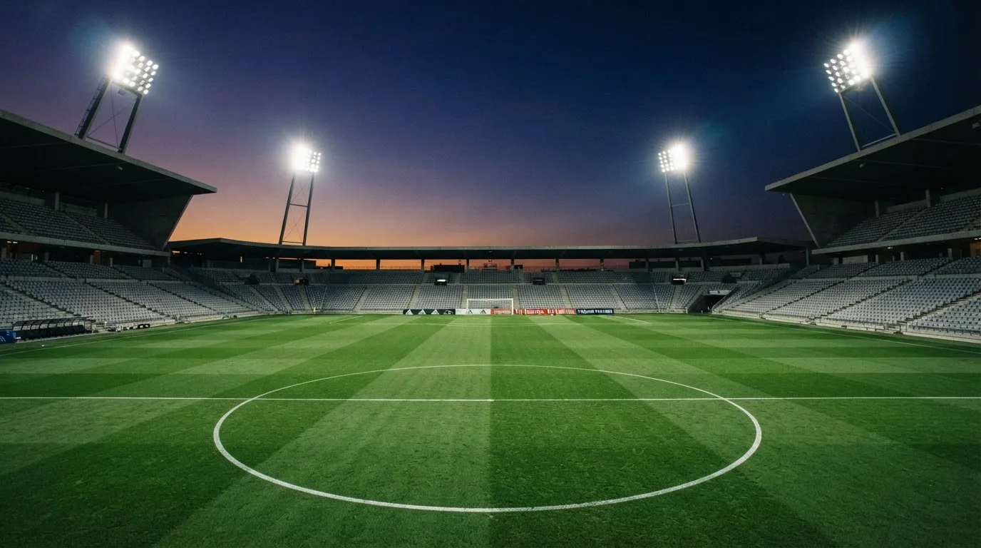An empty football stadium with floodlight masts at dusk
