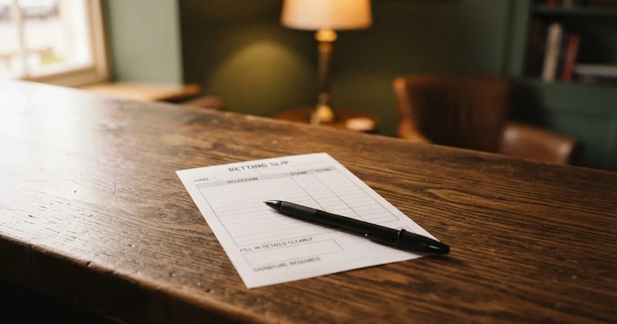A blank paper betting slip beside a pen on a wooden counter