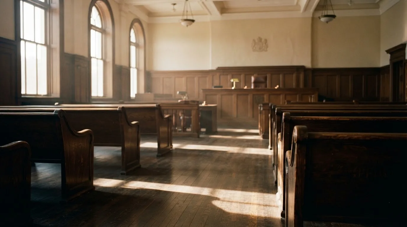 An empty courtroom with wooden benches in morning light