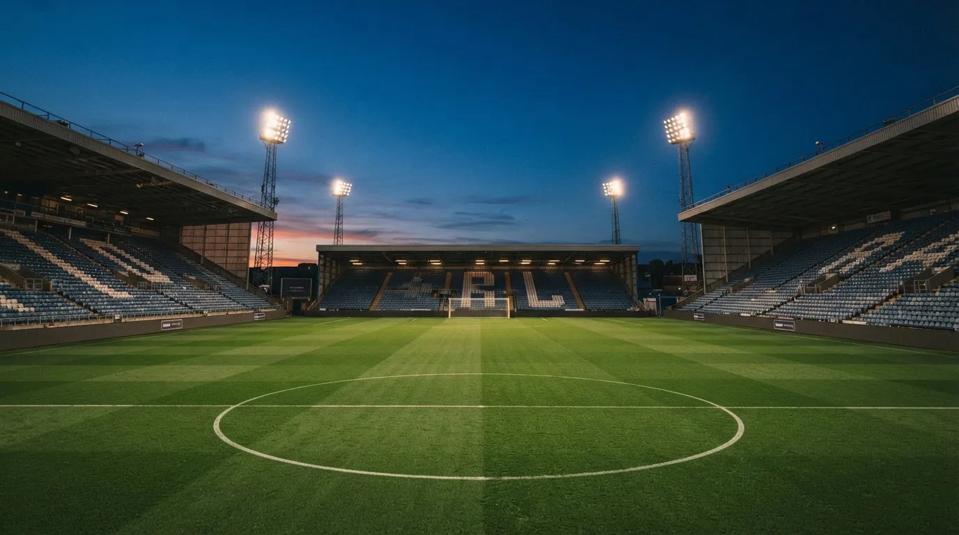 An empty football stadium with floodlight masts at dusk