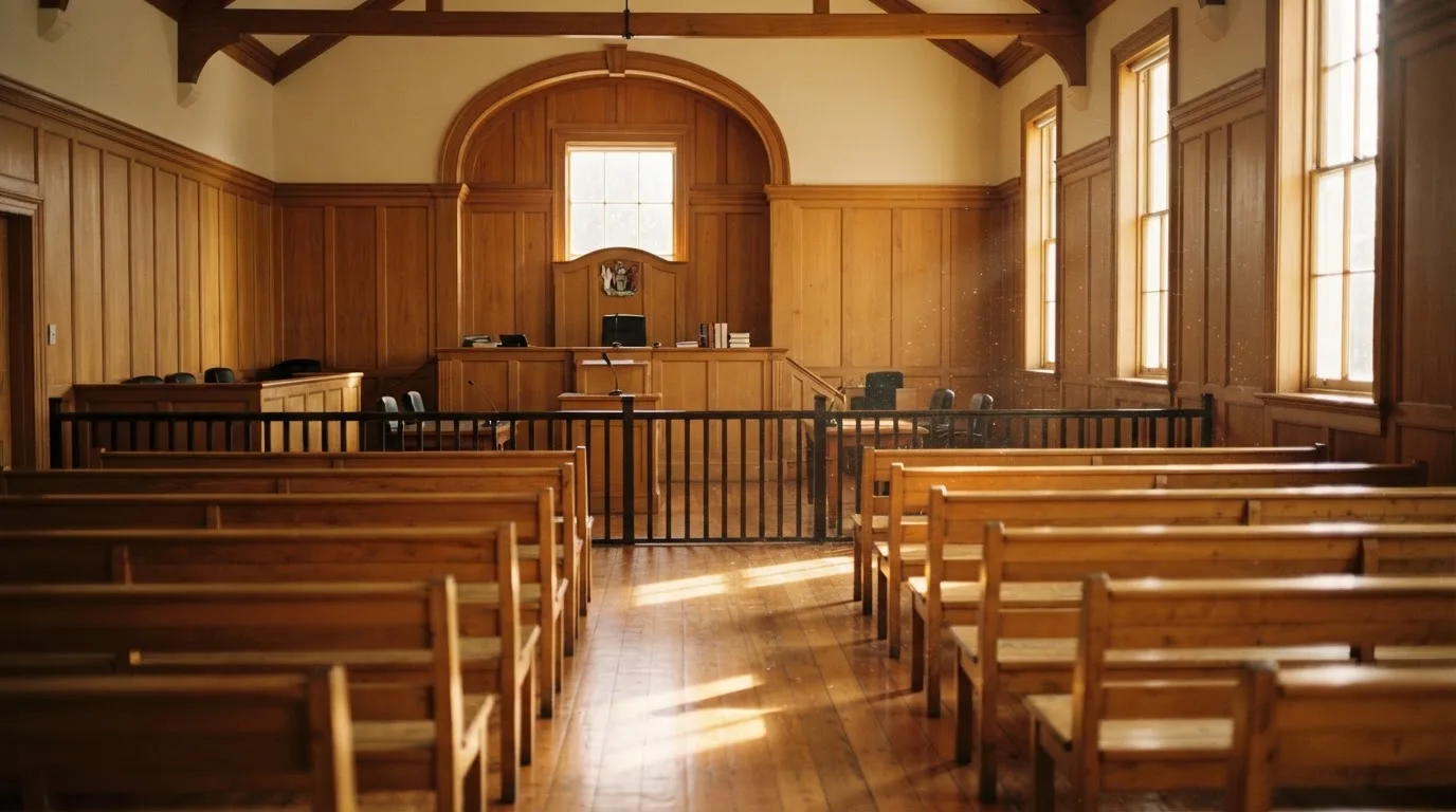 An empty courtroom with wooden benches in morning light