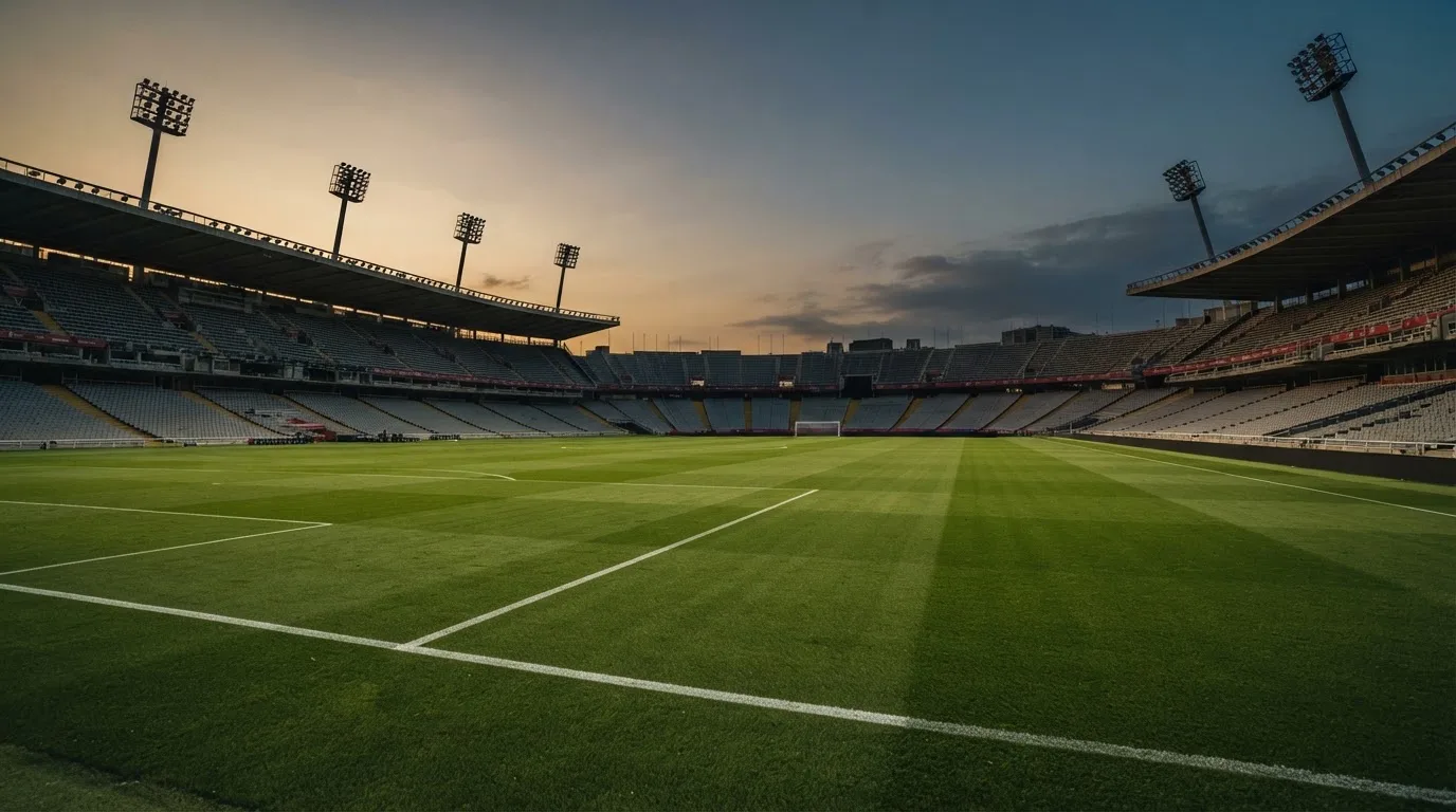 An empty football stadium with floodlight masts at dusk